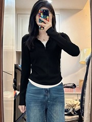 黑色捏褶显瘦拉链半开领长袖t恤女2025秋季新款假两件打底衫上衣