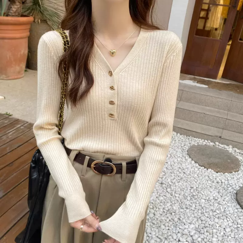 打底衫女小香风内搭春装2025新款v领针织衫软糯毛衣长袖早春上衣