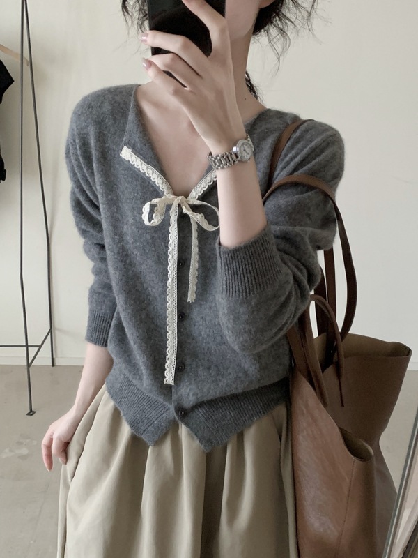 25秋冬季女装韩系甜美翻领蕾丝系带羊毛衫柔软贝熊绒针织开衫毛衣|undefined