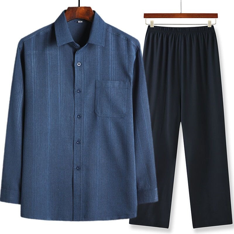 Middle-Aged and Elderly Men's Long-Sleeved Shirts, Spring and Summer Thin Solid Color Loose Cotton and Linen Shirts for the Elderly, Grandpa and Dad Wear
