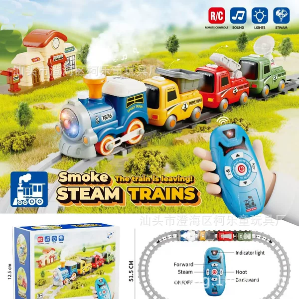 Train Toy with Track Remote Control Electric Steam Train Model Simulation Smoked Boy Large Track Toy