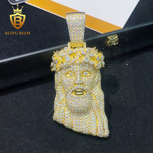 European and American Cross-border Personalized Jesus Head 925 Silver Inlaid with Moissanite Hip-hop Pendant for Men Can Wear 12mm Cuban Chain