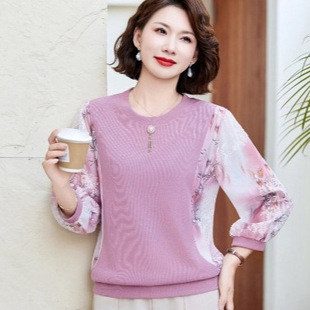 Western Style Mother's Spring Costume National Style Top Thin Knitted Shirt Middle-aged and Elderly Women's Spring and Autumn Fashion Shirt with Shirt Sleeves