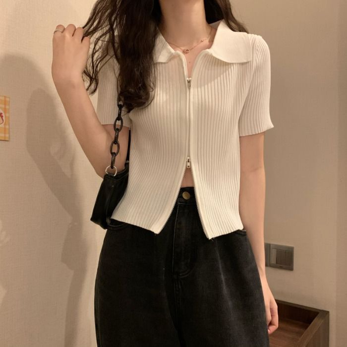 Double-Zip Cardigan Short Slim-Fit Knit Top Summer 2026 New Women's Designer Niche Short-Sleeve Shirt Double-Zip Cardigan Short Slim-Fit Knit Top Summer 2026 New Women's Designer Niche Short-Sleeve Shirt