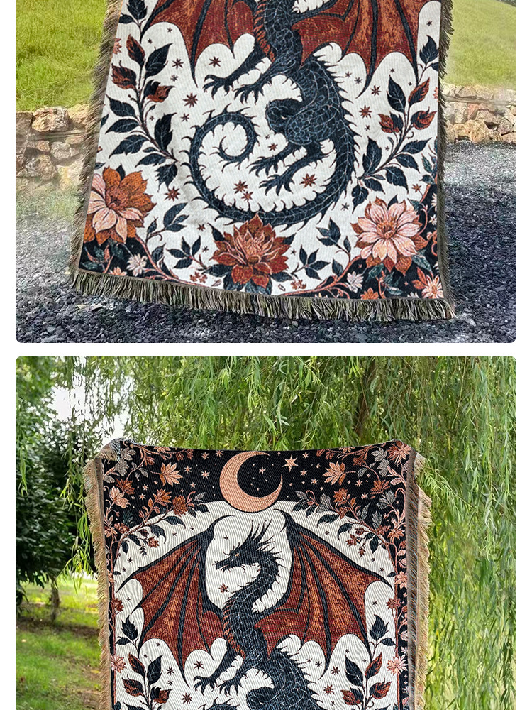 Copridivano in tessuto con nappa di drago in stile medievale Qin Che, coperta funzionale in jacquard da campeggio_voghion.com