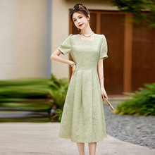 2023年新款韩版收腰显瘦减龄方领提花连衣裙女夏 WA2337