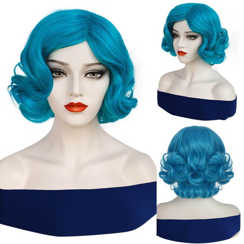 Europe and the United States 80 s retro fluffy wave short curly hair glass blue new Chinese cheongsam wig