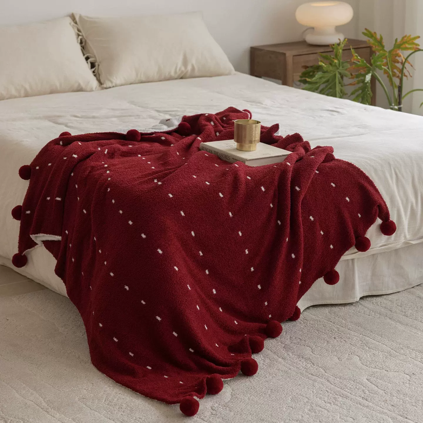 A类母婴级圣诞半边绒毯子红色秋冬加厚球球午睡毯双面沙发毯亲肤