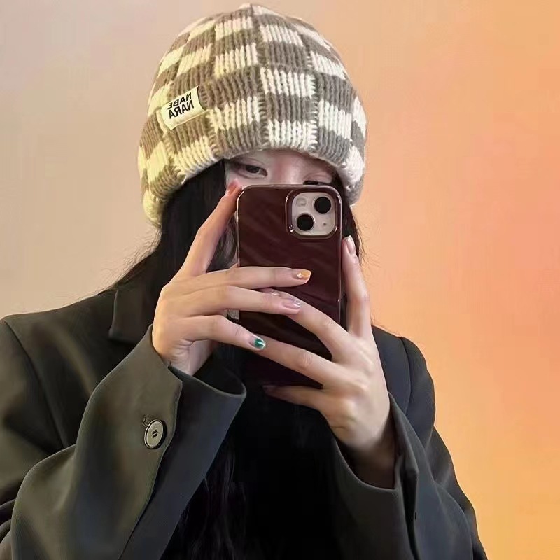 棋盘格针织帽女秋冬季韩版小众大头围毛线帽日系显脸小圣诞帽跨境|undefined