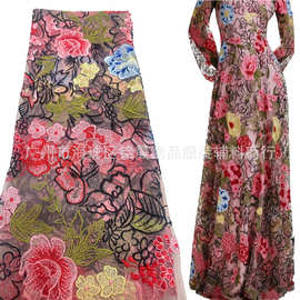 刺绣复古花纹蕾丝网纱面料欧美礼服婚纱连衣裙花边绣花布料跨境