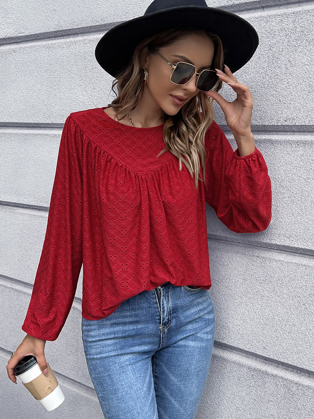 solid color pleated round neck long sleeve top NSYBL136707