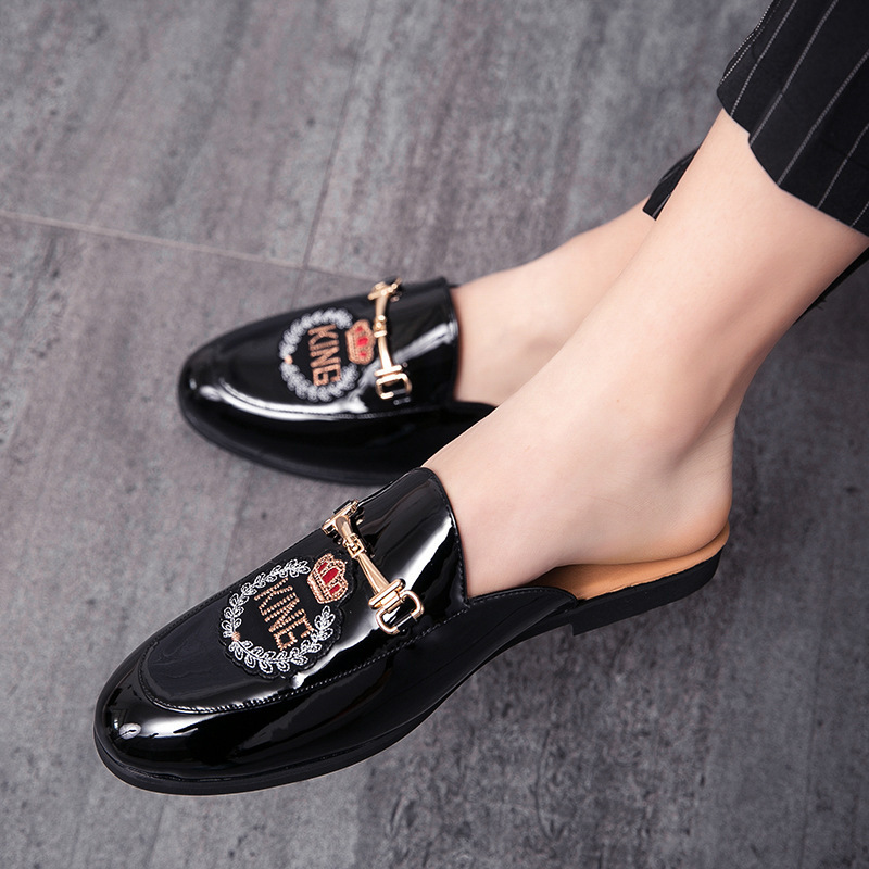2021 Spring/Summer New Loafers Shiny Leather Half Slippers Trendy Breathable Casual Men's Shoes Fashion Embroidery_vogvips.com