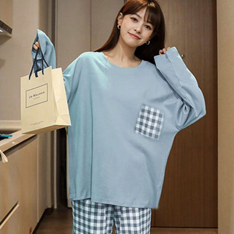 S 블루 체크 포켓 롱 세트