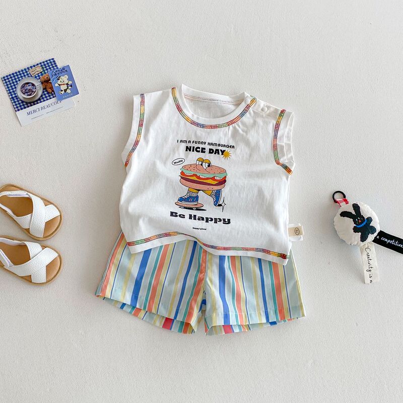 Children's Hamburger Vest 2025 New Summer Boys Stylish Cartoon Print T-Shirt Baby Fashion Striped Shorts