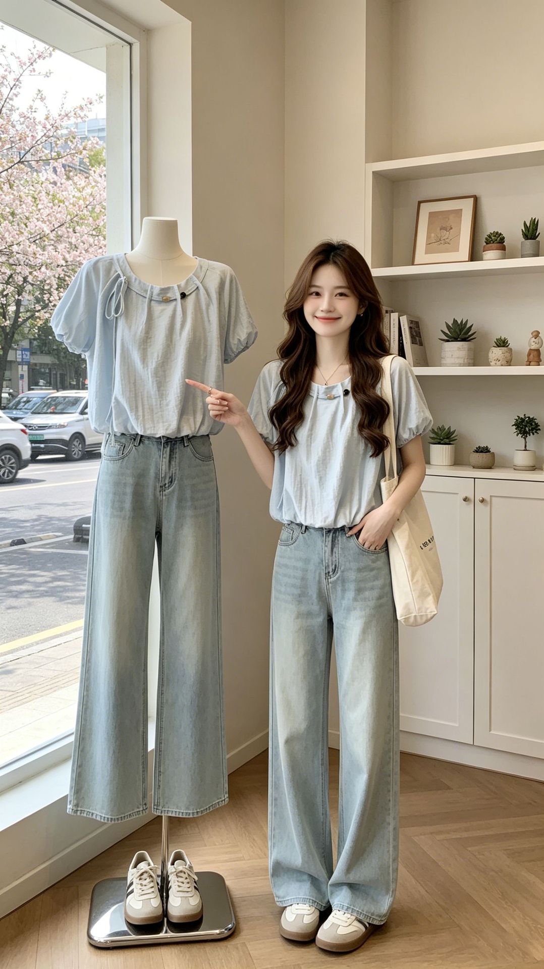 Áo thun nữ tay ngắn cổ tròn chất liệu chiffon phối cườm tay bồng — màu xanh nhạt chi tiết 1