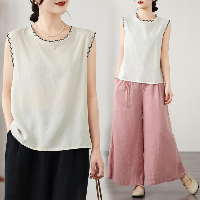Women's Clothing Boutique French Lace Trim Patchwork Back-Buttoned Linen Sleeveless Shirt Women's Vest Top