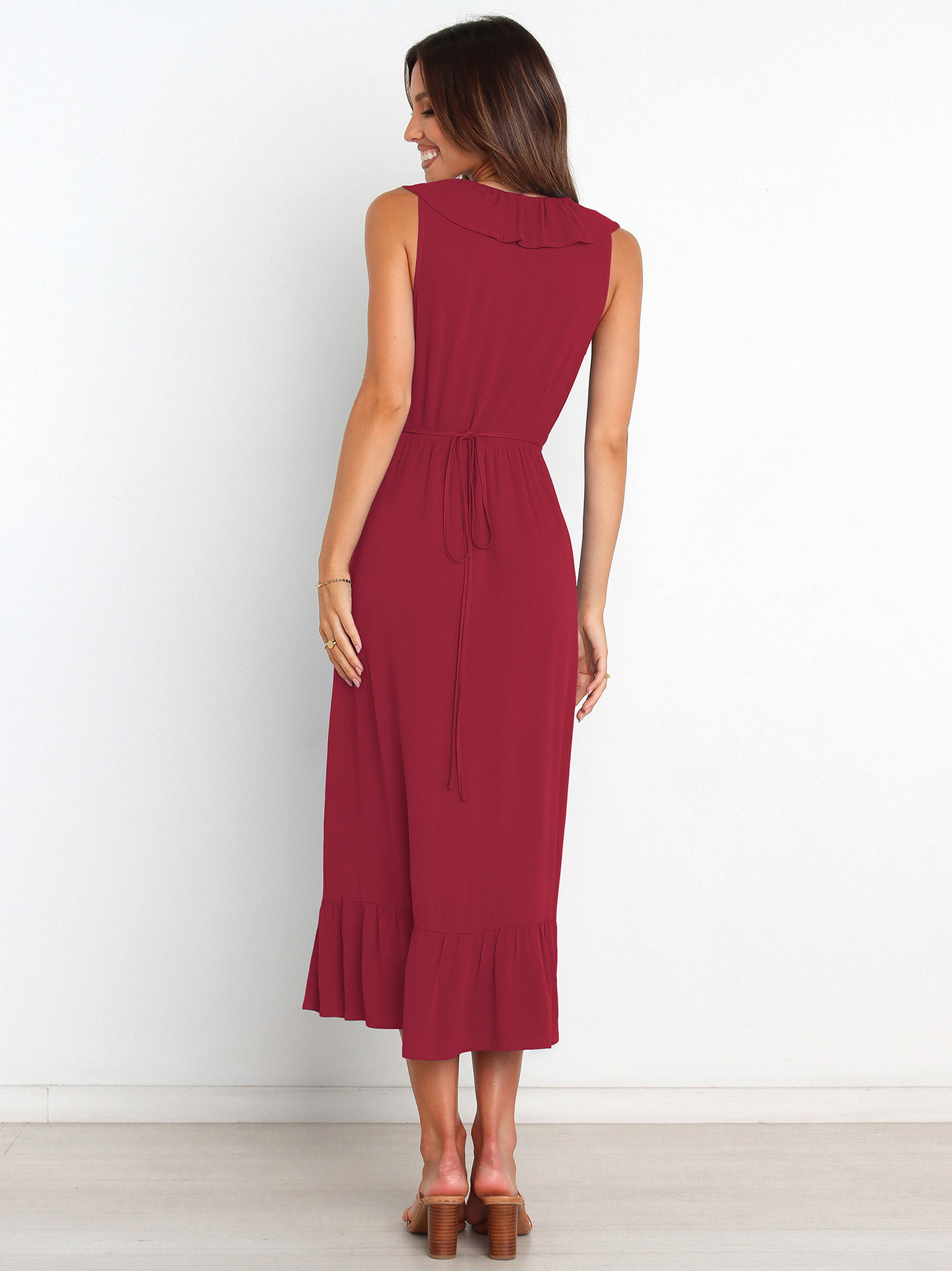 Elegant Solid Color V Neck Sleeveless Ruffles Viscose fiber Midi Dress Regular Dress