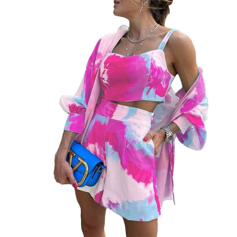 Women Clothes Spring Summer Casual Color Tie-Dye Printed Three-Piece Set