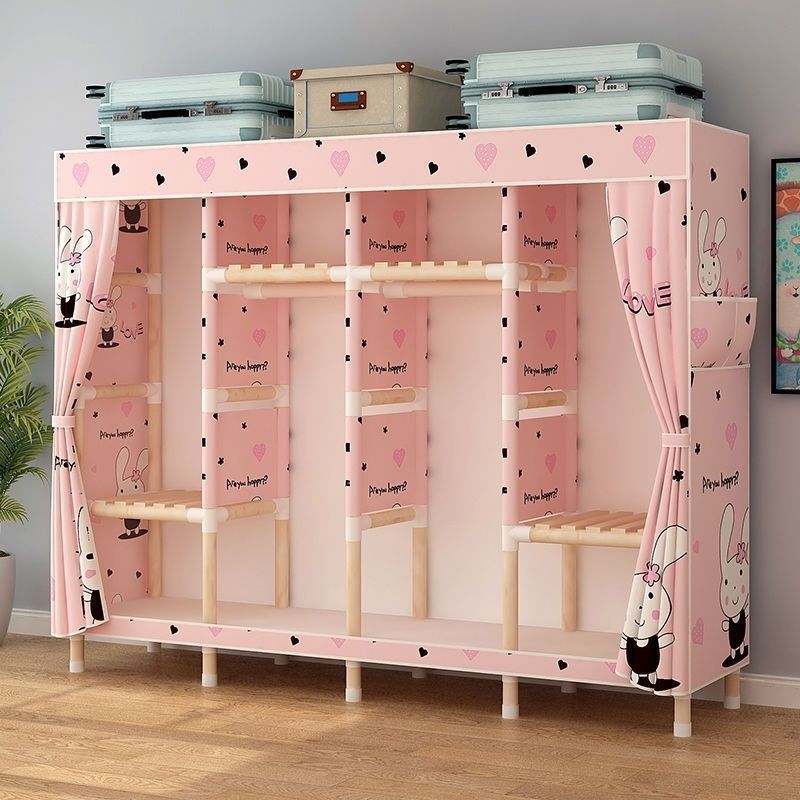 Simple Modern Wardrobe with Thick Solid Wood Storage Cabinet and Hanging Rack Assembly for Children's Home Use