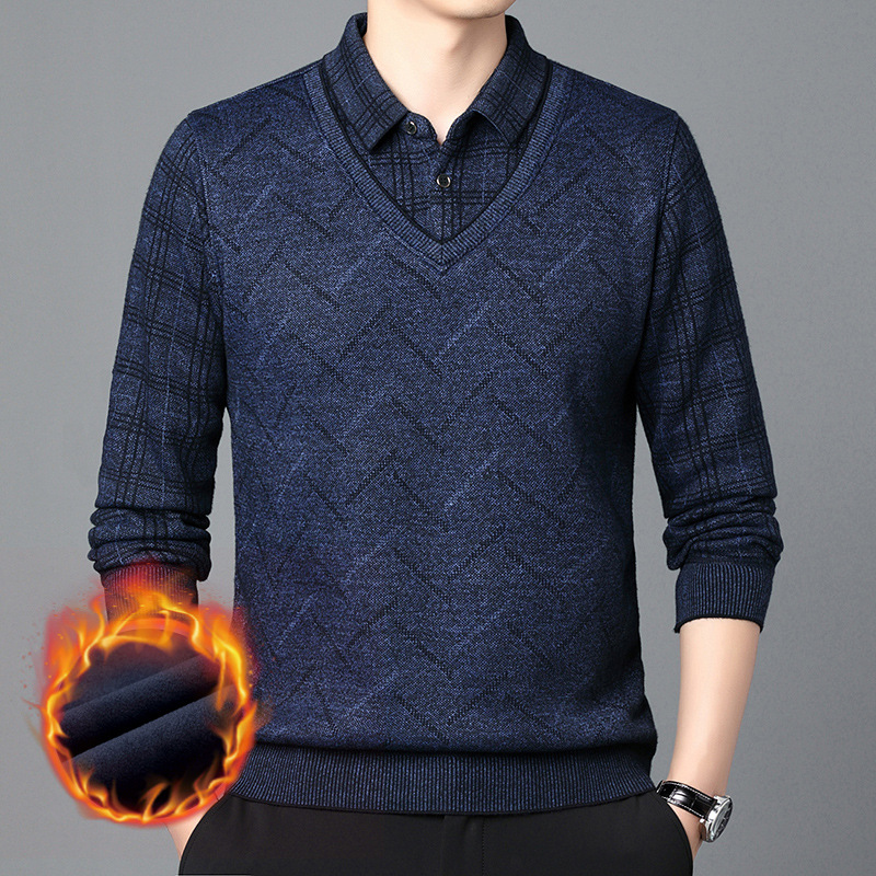 Fake Two-Piece Sweater Men's Long-Sleeved Shirt Collar Men's Bottoming Middle-Aged and Elderly Dad's Velvet Thickened Men's Knitwear