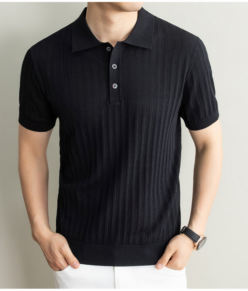 Men's Ice Silk Breathable Polo Shirt Short Sleeve Hollow Out Jacquard Knit Summer Casual Loose Versatile Top_viptrois.com