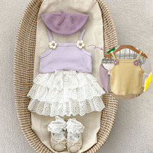 韩版婴儿夏季套装女宝宝花朵背心吊带上衣中腰蓬蓬包屁裙裤两件套