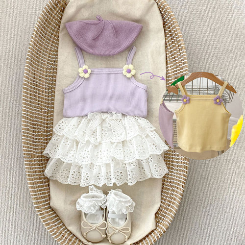 Korean Version Baby Summer Set for Girls: Flower Print Bodysuit with Straps, Mid-Waist Bouncy Puff Butt Skirt Pants Two-Piece Set