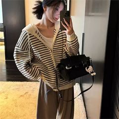 复古慵懒风条纹连帽毛衣外套女秋冬款软糯宽松拉链针织开衫
