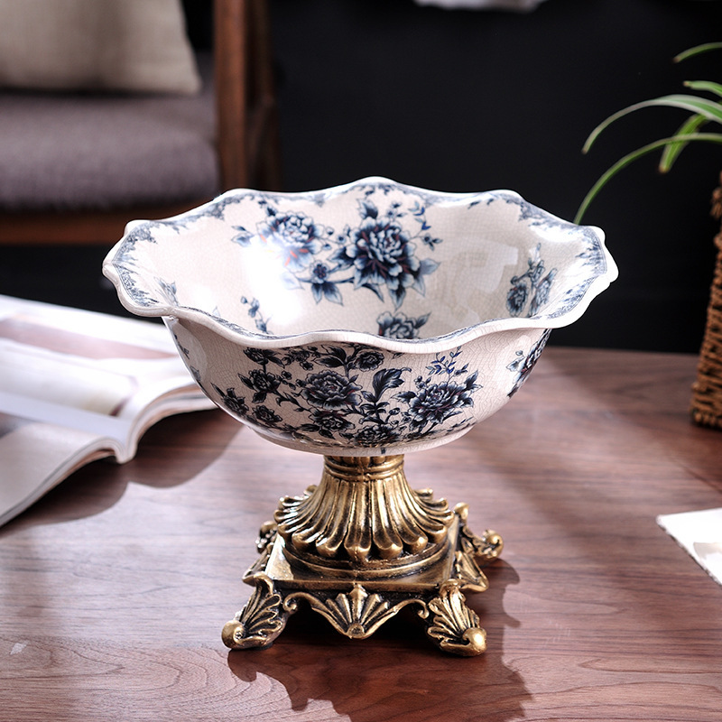 New Chinese-Style Blue and White Porcelain High-End Ceramic Fruit Plate, Household Tall Fruit Plate, European-Style Decorative Art Ornament, Light Luxury