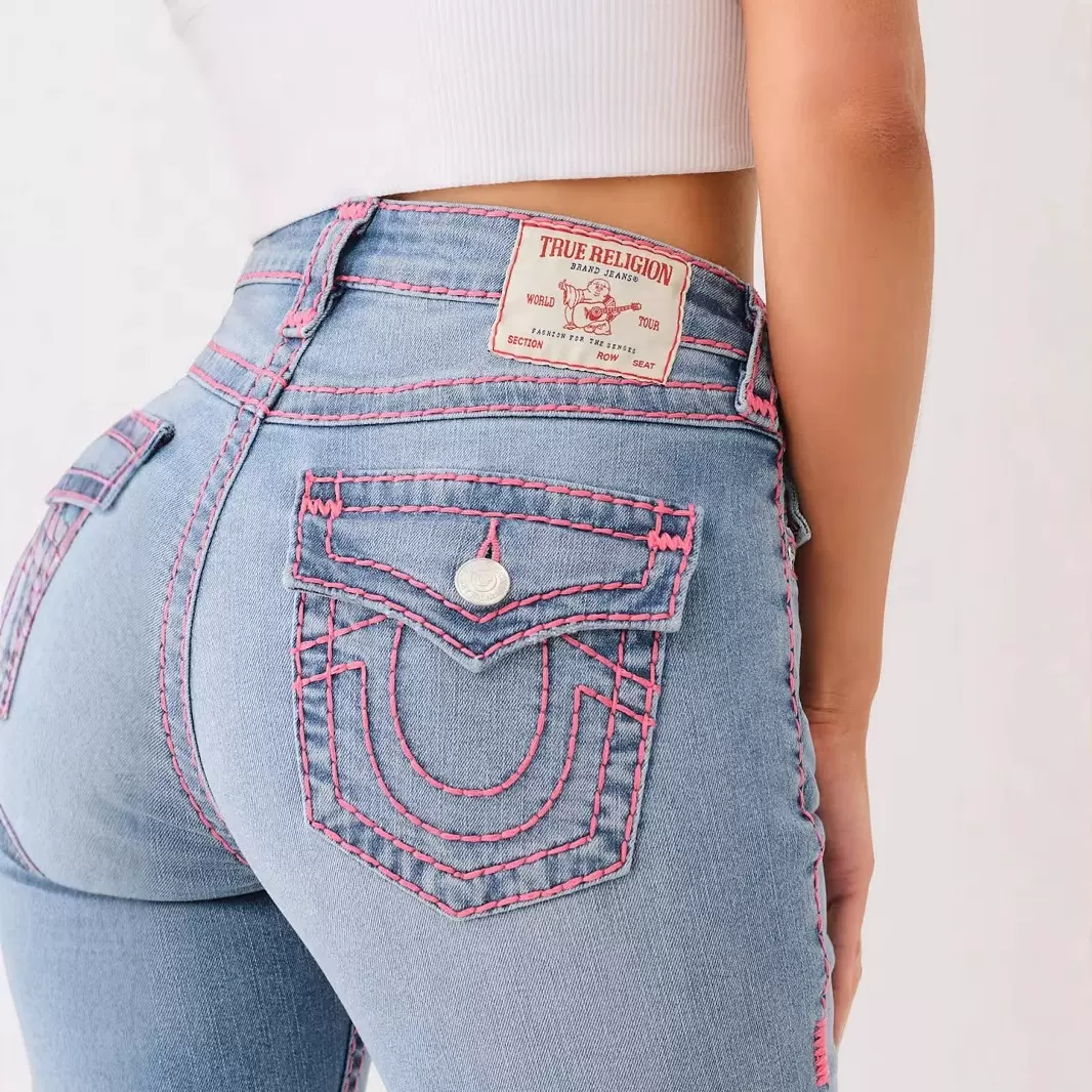 欧美true religion紧身牛仔裤女y2k高街辣妹低腰粉色线条小脚裤潮