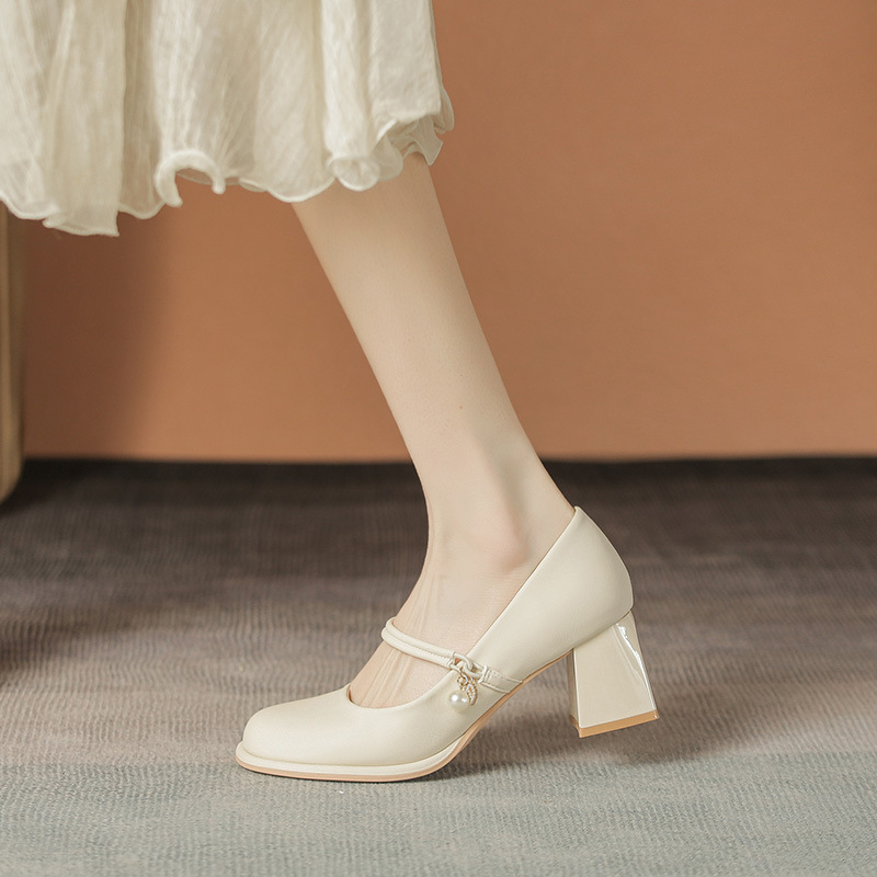 High Heels Women's Spring and Autumn New All-match creamy-white Wedding Dress Wedding Shoes Vintage Thick Heel Height Increasing Mary Jane Shoes High Heels Women's Spring and Autumn New All-match creamy-white Wedding Dress Wedding Shoes Vintage Thick Heel Height Increasing Mary Jane Shoes