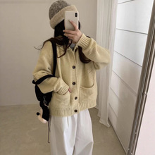 雪花翻领口袋复古针织开衫女宽松韩系设计感短款灰色毛衣外G1573