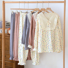 春秋夏季蕾丝花边公主风睡衣女V领薄款长袖纯棉双层纱布秋冬家居