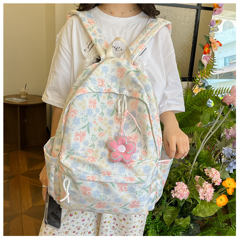 738g Weight Polyester Lining Material Sewing Thread Fashion Element Zipper Closure Type Double Shoulder Straps Strap Type Casual, School, Daily Occasion Nylon Material Waterproof Function Back To School Festival School Backpack Backpack Flower, Strawberry Pattern All Seasons Season Women's Gender Classic Style Style Square Shape Waterproof Flower Strawberry Casual School Daily School Backpack 16