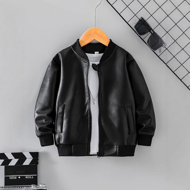 Boys' Black Thin Jacket, Trendy Zip-Up Style, Fashionable Casual Simple Everyday Versatile Pu Leather Coat Boys' Black Thin Jacket, Trendy Zip-Up Style, Fashionable Casual Simple Everyday Versatile Pu Leather Coat