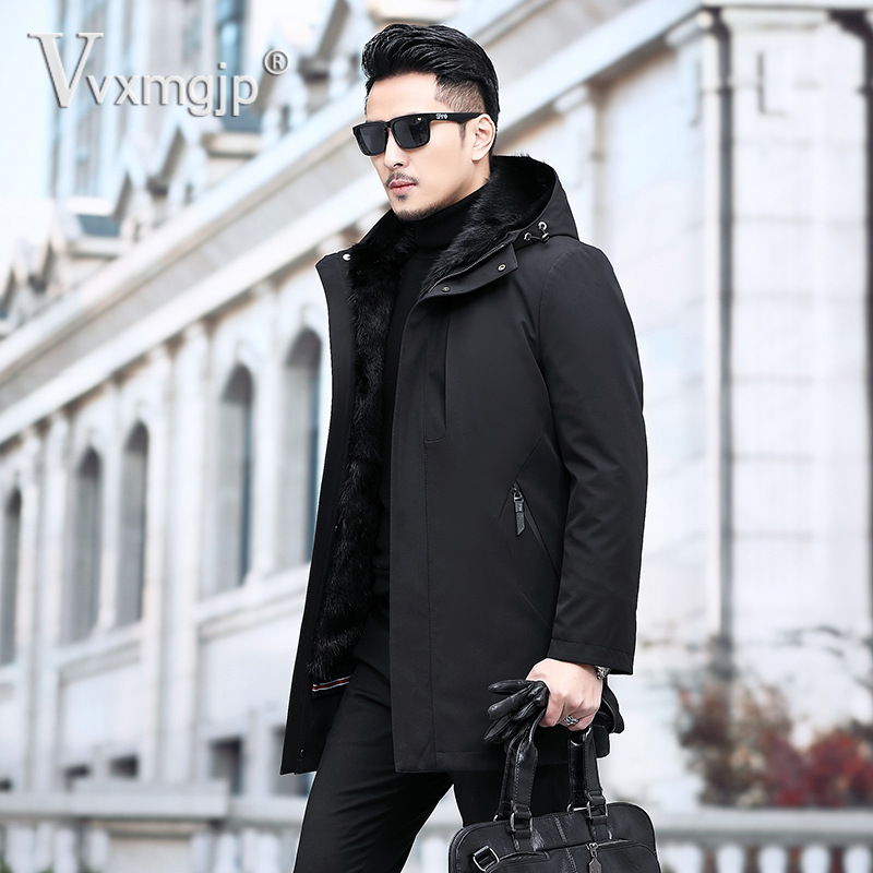 Men's Mid-Length Mink Parka with Hooded Fur Coat, Suitable for Winter Business Attire