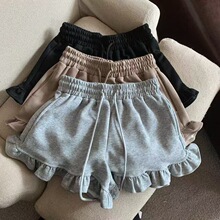 木耳边设计感女童小众运动休闲短裤高腰宽松外穿居家阔腿热裤黑色