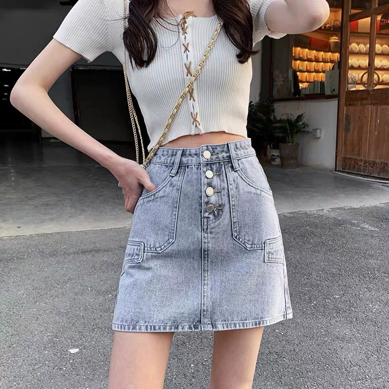 Большое количество пятен, лето 2020, джинсовая юбка трапециевидной формы с высокой талией, однобортная короткая юбка в стиле ретро в уличном стиле с защитой от воздействия