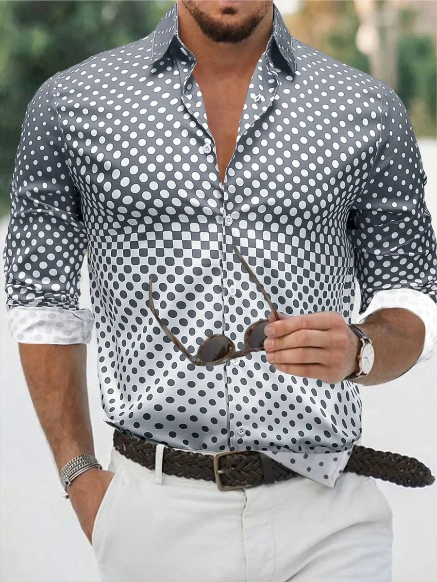Men's Gradient Print Long Sleeve Hawaiian Shirt, Oversized Casual Vacation Shirt With Flip Collar, Breathable Streetwear & Beachwear_viptrois.com