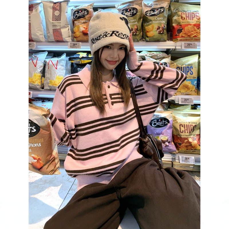 Pink striped polo collar pullover sweater for women, new winter style, casual loose fit, slimming long-sleeve top Pink striped polo collar pullover sweater for women, new winter style, casual loose fit, slimming long-sleeve top