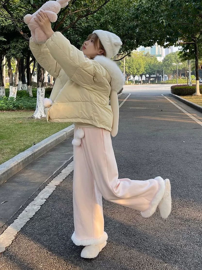 Мягкие симпатичные меховые широкие брюки женские мягкие девушки осенью и зимой плюшевые толстые эластичные брюки свободные повседневные прямые брюки