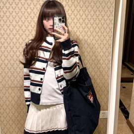 条纹针织衫开衫毛衣女2025秋季新款韩系学院风短款外套小个子上衣