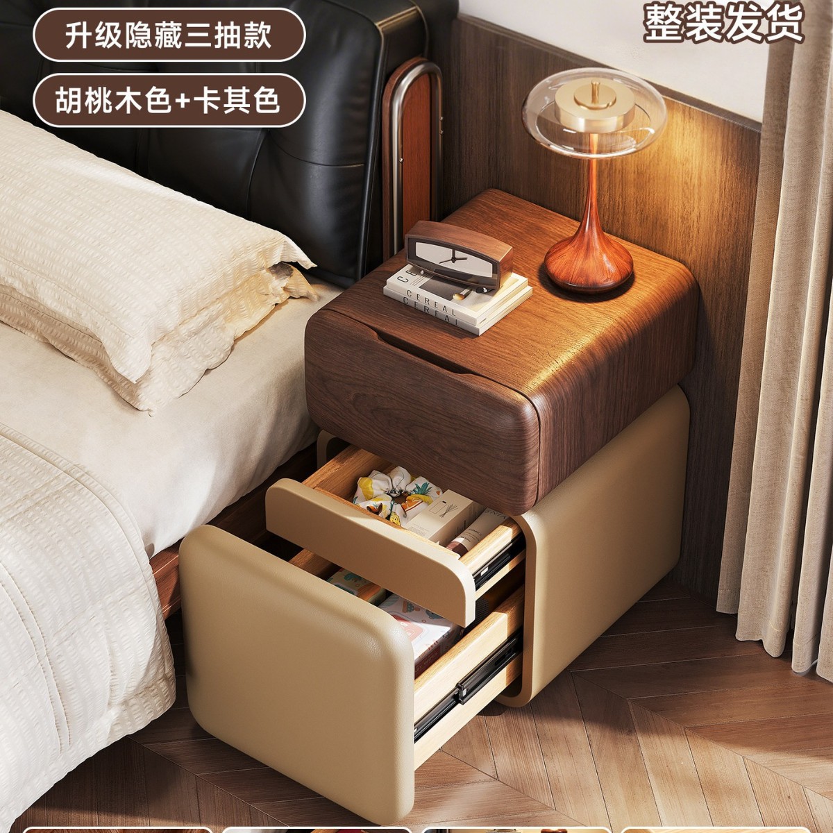Mesa de cabecera ultra estrecha dormitorio doméstico 2026 explosión estilo medieval madera maciza pequeña cabecera estante gabinete de almacenamiento