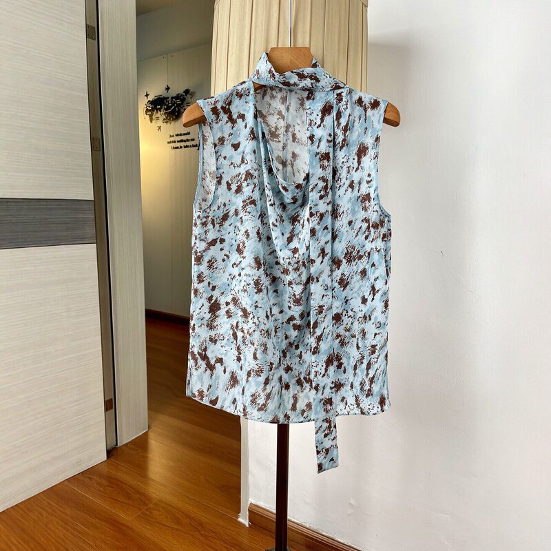 Elegant Mature Style Mulberry Silk Crepe De Chine Printed Tie-Neck Sleeveless Shirt for Women, Summer Loose-Fitting Stylish Top