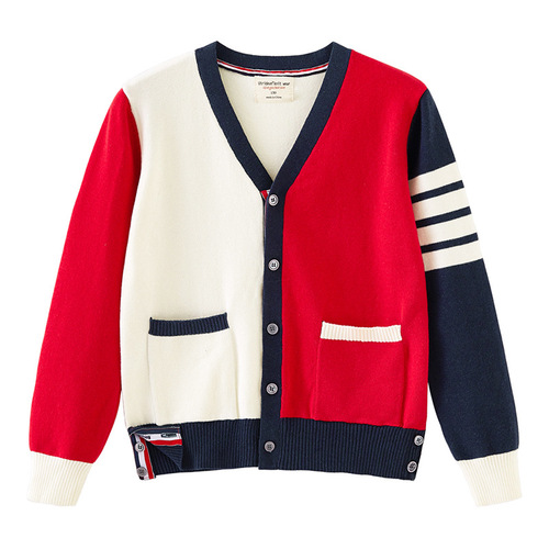  Children's Cotton Spring and Autumn TB Four Stripes V-Neck Colorful Collision Children's Knit Cardigan Women and Girls' Cardigan Outerwear