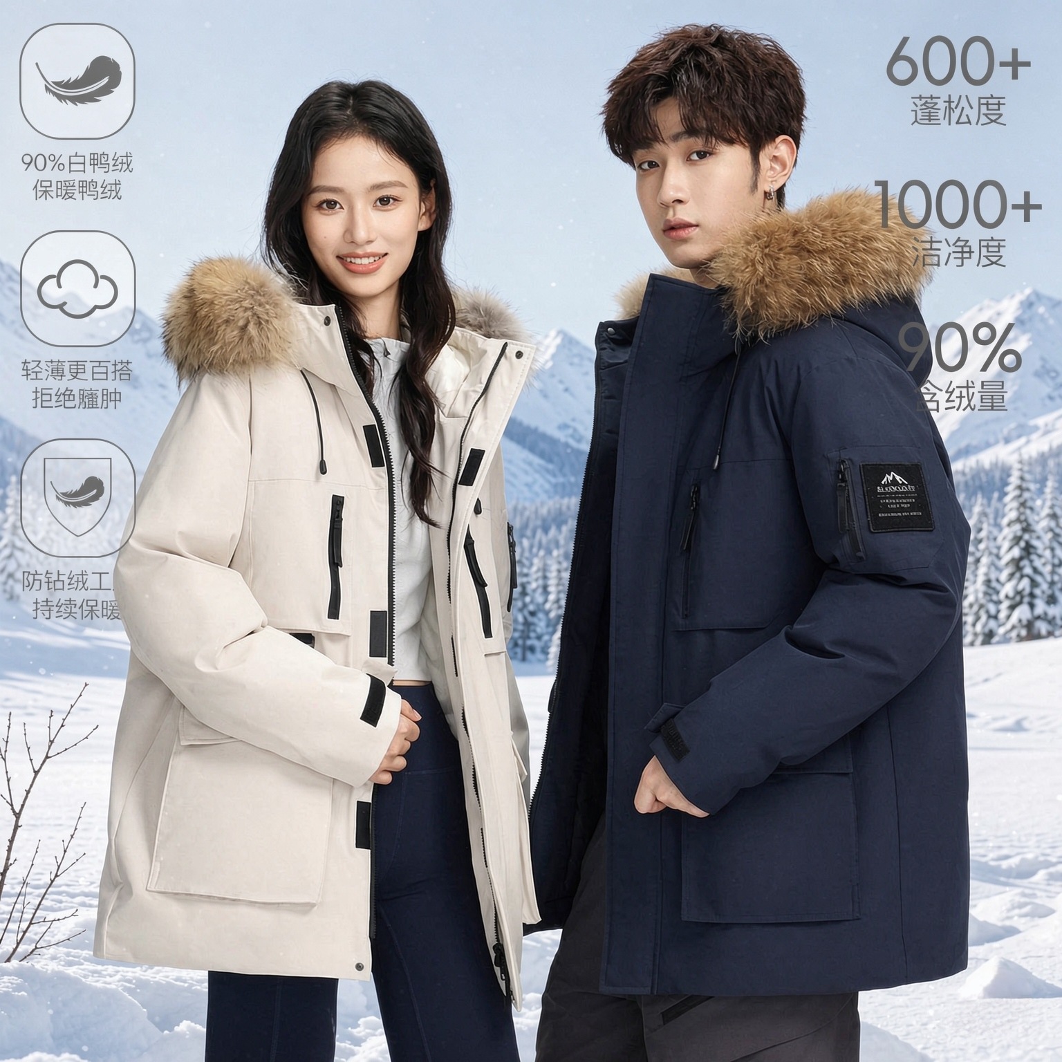 Luo Tuo's style casual workwear down jacket, men's and women's winter new style thickened warm fur collar parka coat wholesale