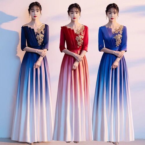 Grand choir performance clothes, women's long dress, adult dress, red song recitation competition, evening dress, student performance clothes,