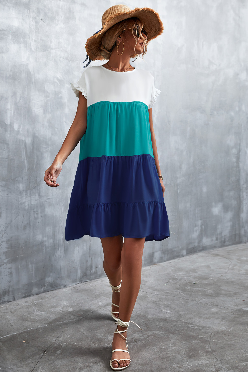 Women's Tiered Skirt Fashion Round Neck Patchwork Ruffles Short Sleeve Color Block Above Knee Daily display picture 11