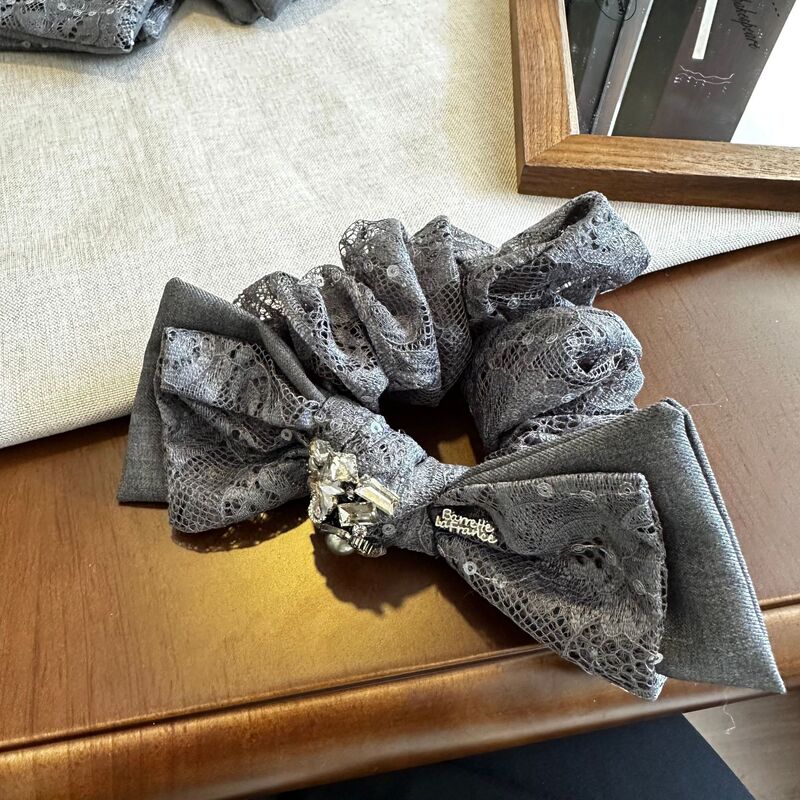 韩版发抓新品灰色布艺蝴蝶结鲨鱼抓夹蕾丝拼接布艺扎马尾发圈发绳|undefined