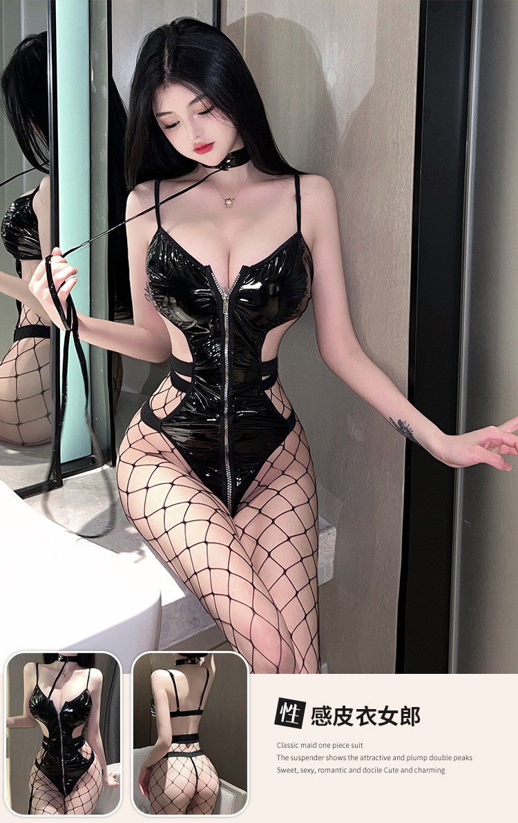 Women’s Faux Leather Cosplay Bodysuit with Matching Stockings, Backless One-Piece — detail image 10